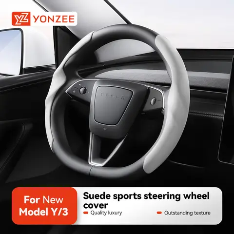 YZ For Tesla Model 3/Y Highland Juniper Steering Wheel Cover Carbon Fiber Leather Anti-Fur Sport Steering Wheel Car Accessories
