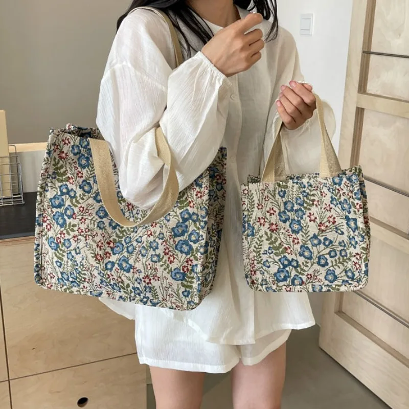 Tote Bags Women Floral Fashion Elegant Canvas Shoulder Bags All-match Portable Commuter Students Handbags Luxury Lazy Bolsos