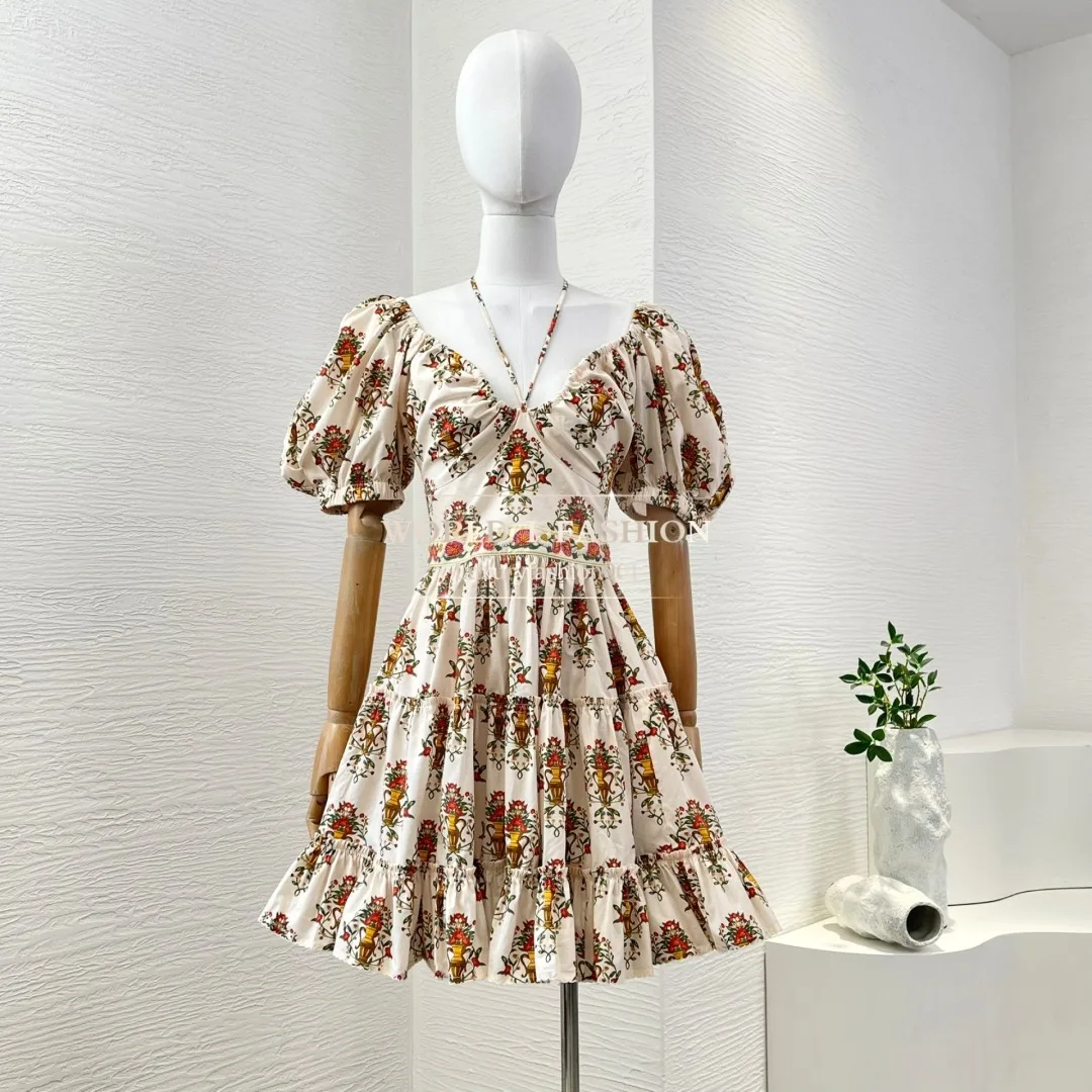 

High Quality Beige Little Floral Beading Embroidery Short Sleeve Mini Dress