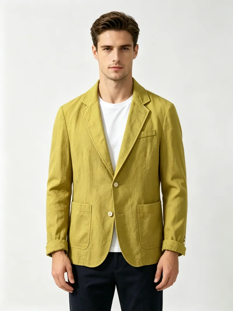 Herren Baumwoll-Leinen Anzugjacke Lässiger Sommer Leichter Reversjacke Einreihiger Business-Blazer für den Alltag – Detail 3
