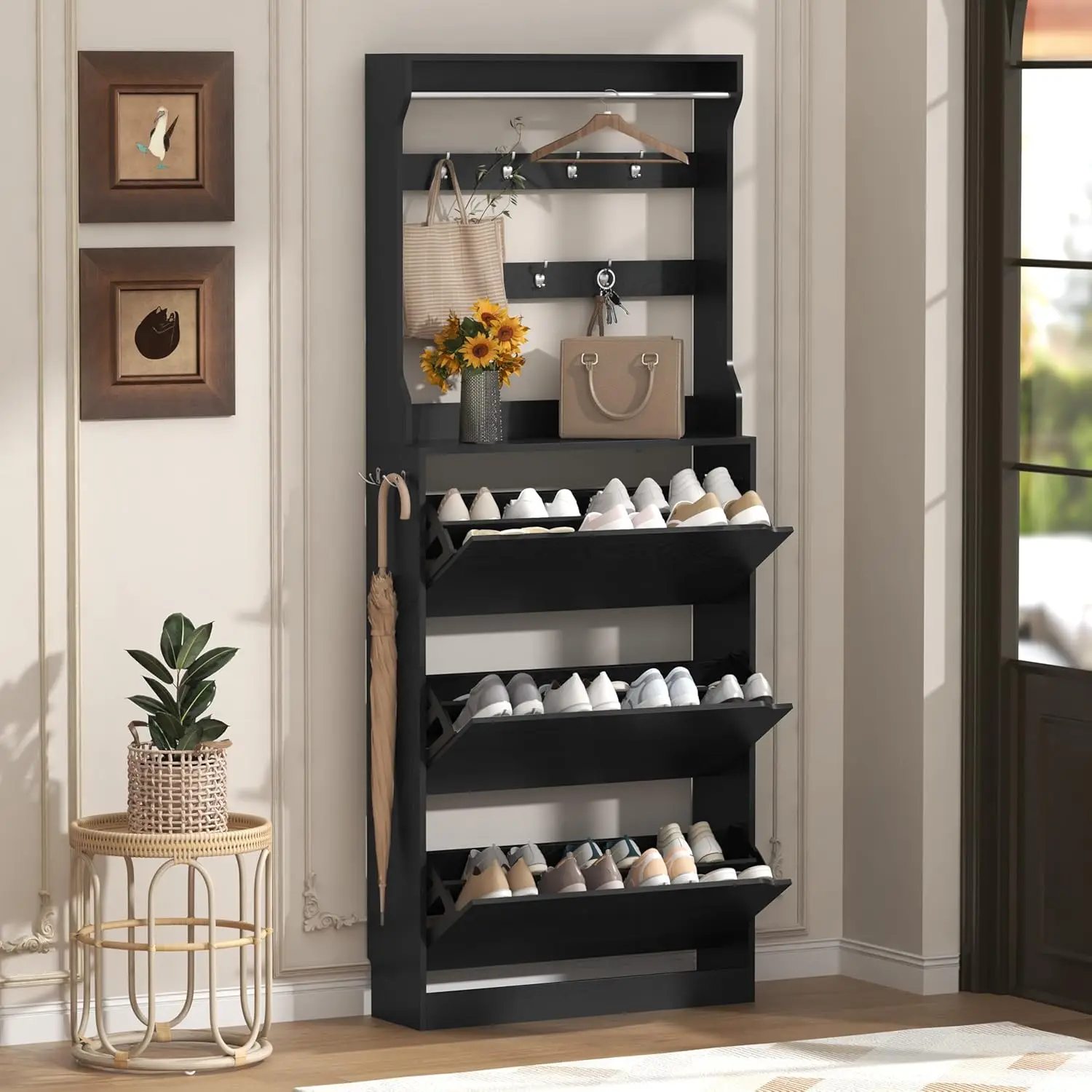 

High Shoe Cabinet with Hangers, Hidden Shoe Storage Cabinet with Doors and Drawers, Hangers and Hooks, Slender Independent Style