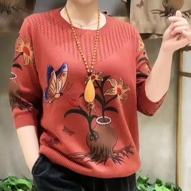 Suéteres estampados de malha com todos os fósforos, pulôveres com gola O, tops soltos, roupas casuais, nova moda, outono, 2023
