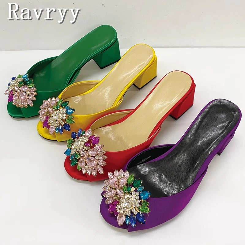 

Luxury Rhinestone Decor Women Slippers Peep Toe Satin Genuine Leather Middle Heels Mules Summer New Party Dress Shoes