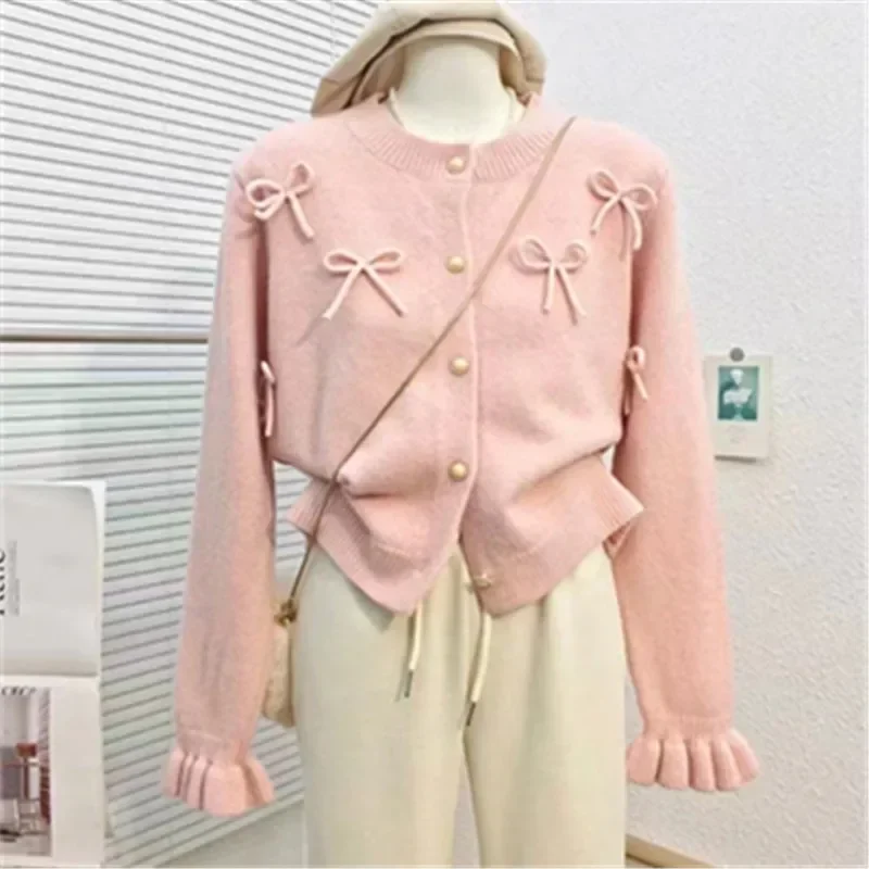 Neploe Sweet Bowknot O-Neck Knitted Cardigan Femme 2024 Autumn Winter Single Breasted Gentle Style Flared Sleeve Sweater Coats