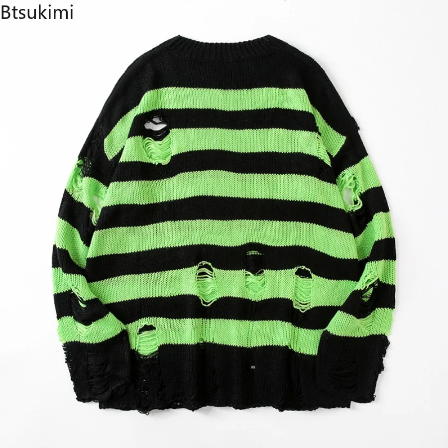 New 2025 Men's Black Stripe Sweaters Trend Ripped Holes Knitted Pullover Sweaters Harajuku Streetwear Couple Loose Knitwear Tops