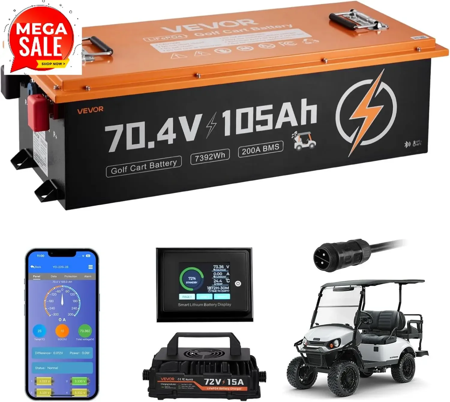 72V (70.4V) 105AH Lithium Golf Cart Battery, with 15A Charger, Lifepo4 Battery Kit, Built-in 200A BMS, with Bluetooth & Touch