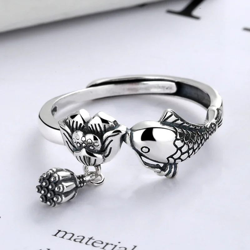 New Ideas Ethnic Style Vintage Small Pendant 925 Thai Silver Glossy Lotus Flower Little Fish Koi Rings for Women Jewelry