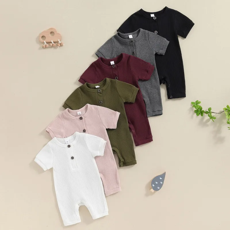 

Newborn Baby Short Sleeve Jumpsuit Solid Color Knit Rib O Neck Button Romper Cotton Outfits