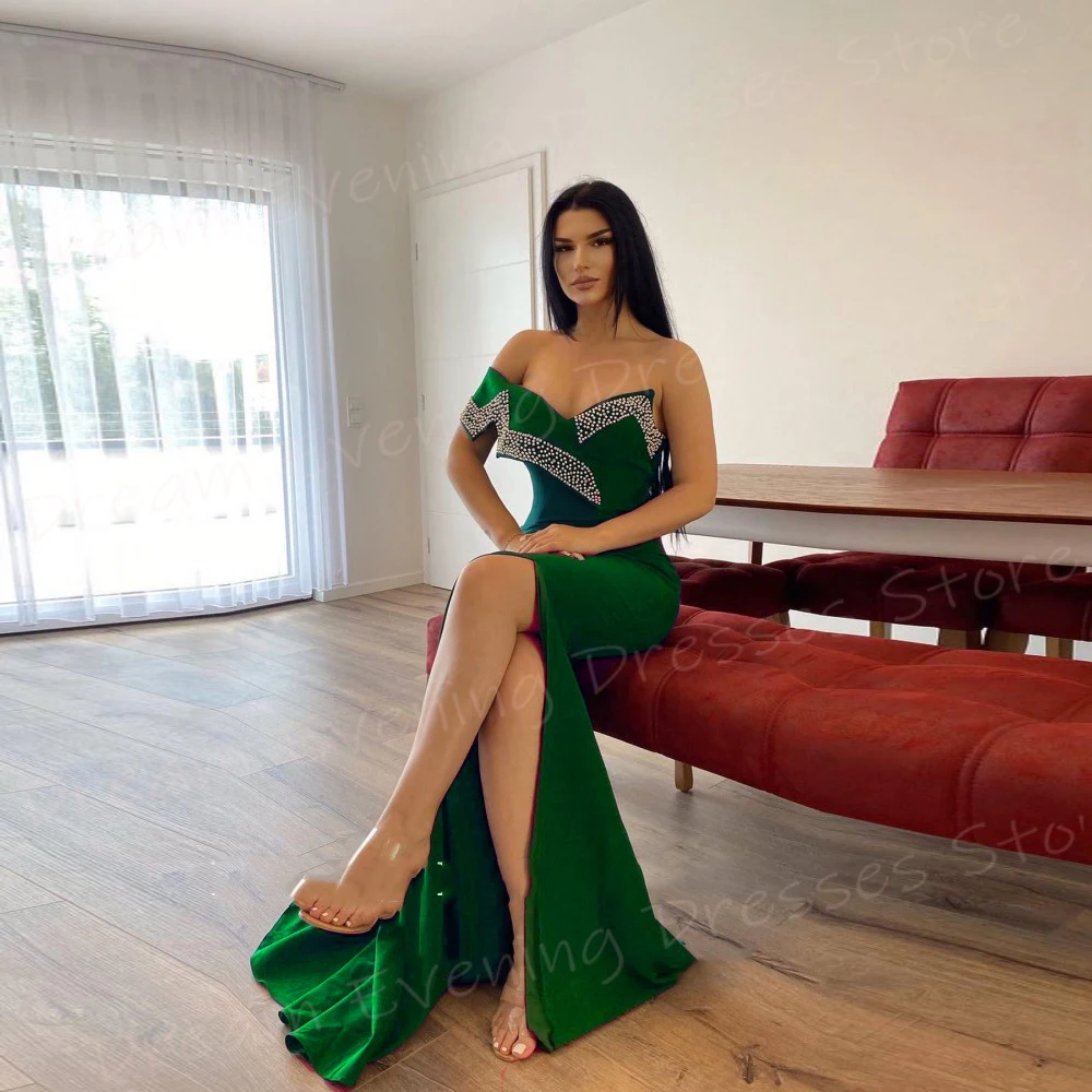 2024 Classic Popular Green women's Mermaid Charming Evening Dresses una spalla plissettata Prom Gowns Split Beaded Robe De Soiree