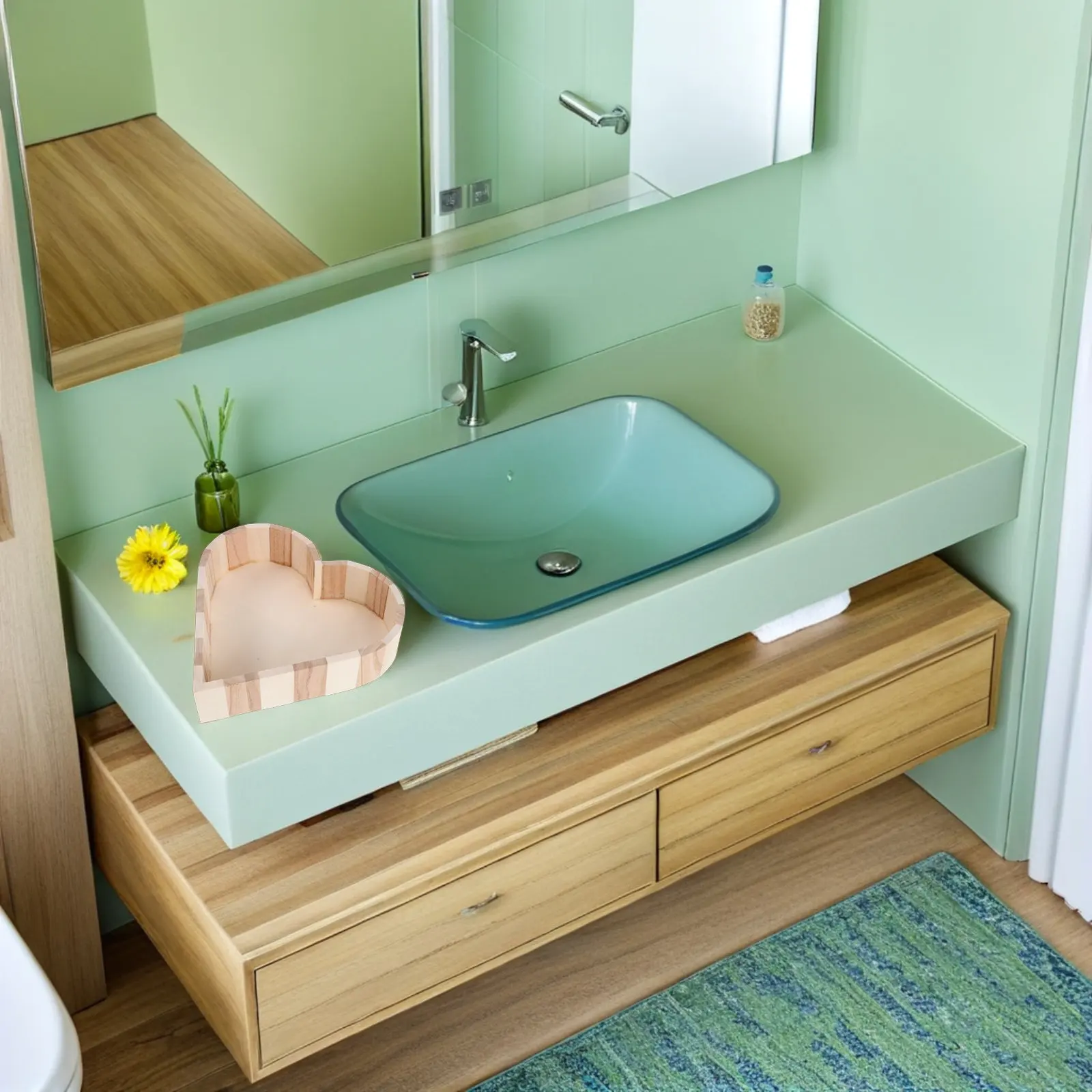 Wood Bathroom Accessories Box Matte Finish Heart Shaped Shower Organizer Portable Storage Bin Dorm Counter Spa Essentials view 6