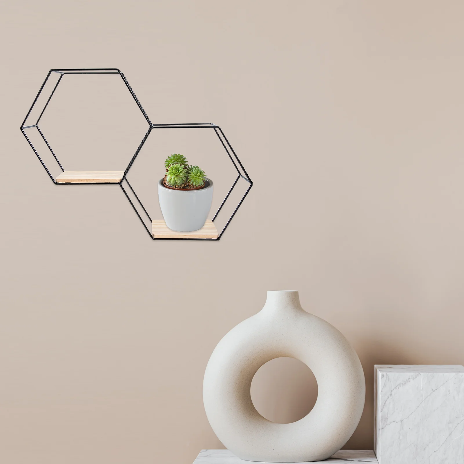 

Wall Shelf Dual Hexagon Metal with Wood Base Decor Decorate Round Modern Black Wall-mounted Floating Iron