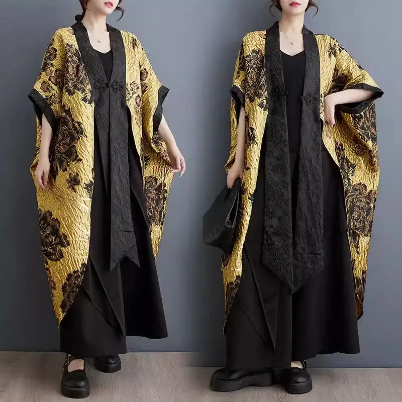 Chinese Style Flower Print Dark Casual Loose Bat Sleeve Elegant Chic Cardigan Coat 2024 Spring New Clothing Oversize Trench K965