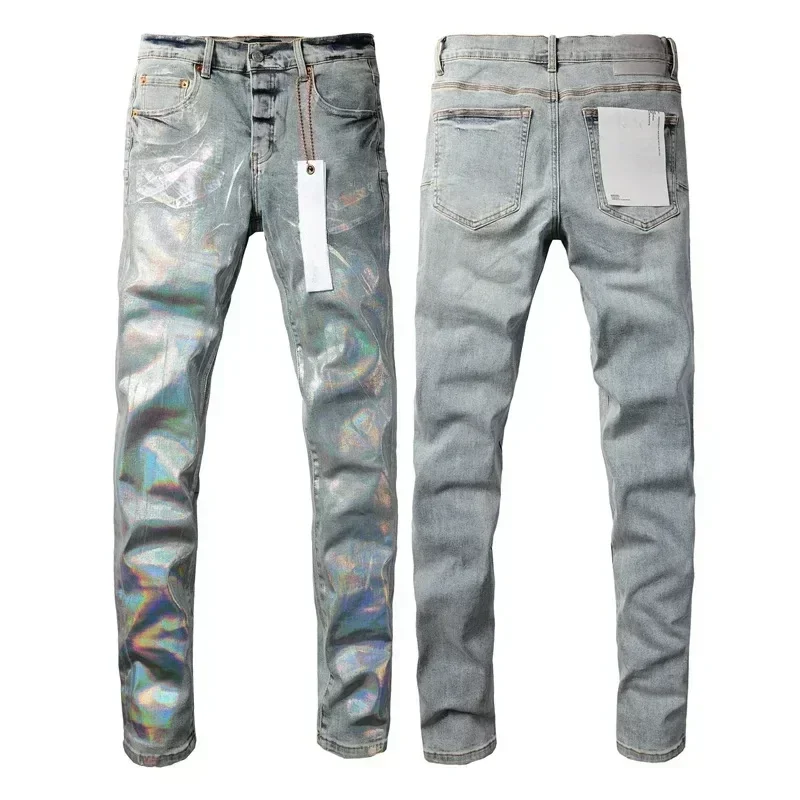 Purples Men Jeans Fashion High quality Top Street Coating Silver Repair Low Rise Skinny Denim brands Pants