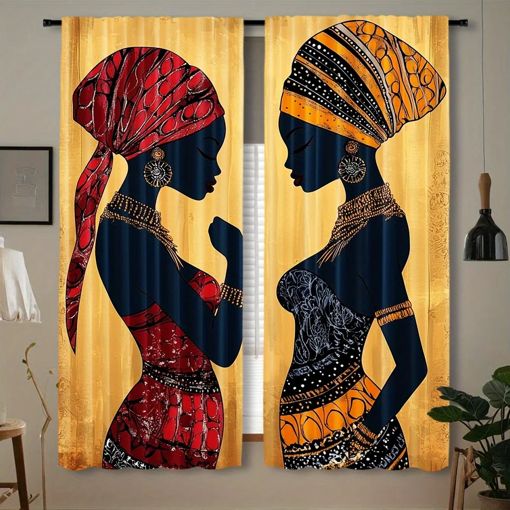 Tribal African Lady Window Curtain 2 Panels, Vintage Black Silhouette Headscarf Bead Jewelry Pattern, Drapes Living Art Curtain