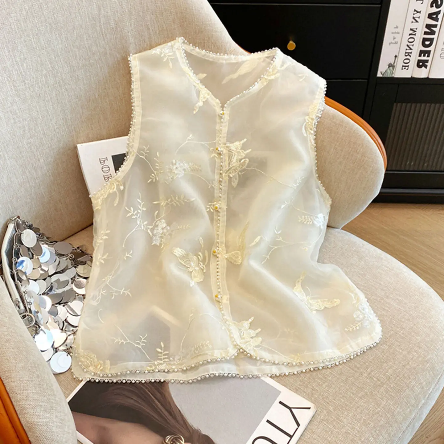 Summer Women Elegant Embroidery Butterfly Floral Pearls Beading Vest Coat , Woman Chinese Style Sleeveless Purple Vests Coats