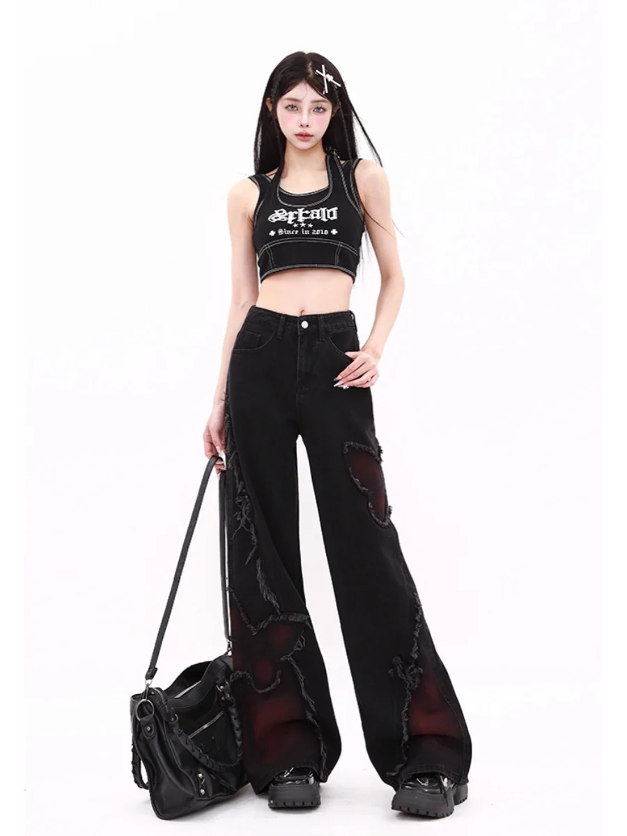 جينز جديد لربيع وخريف 2025 على شكل فراشة سوداء كلاسيكية أمريكية واسعة الساق للنساء سروال عالي الخصر للتخسيس مستقيم أزرق فاتح