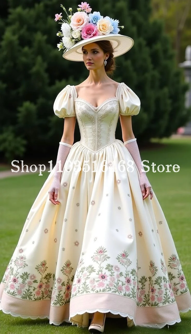 Vestido de baile vitoriano bege, vintage, bolha, manga curta, 3d, floral, bordado, espartilho longo, renascentista, personalizado