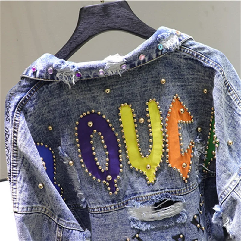 

Beading Diamond Graffiti Print Denim Jacket Coat Women Loose Short Outerwear Holes Big Pocket Long Sleeve Jeans Jackets Female
