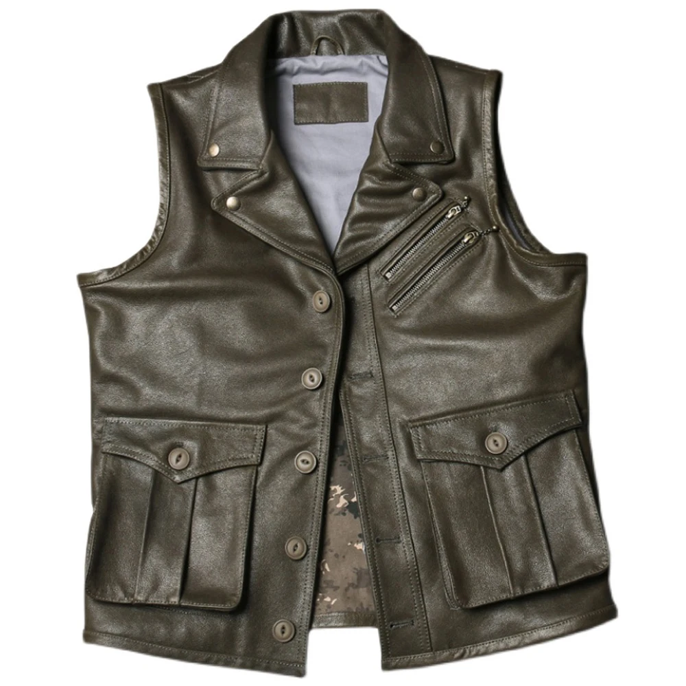 Chaleco de cuero de vaca verde oliva para motocicleta, abrigos de estilo militar, chaquetas sin mangas de cuero de vaca genuino para hombre, verano