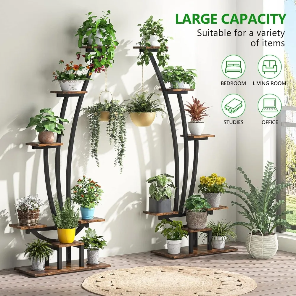 Indoor Plants Stand 6-Tier Tall  Pack of 2, Metal Curved Display Shelf with 2 Hanging Hooks, Indoor Plants Stand