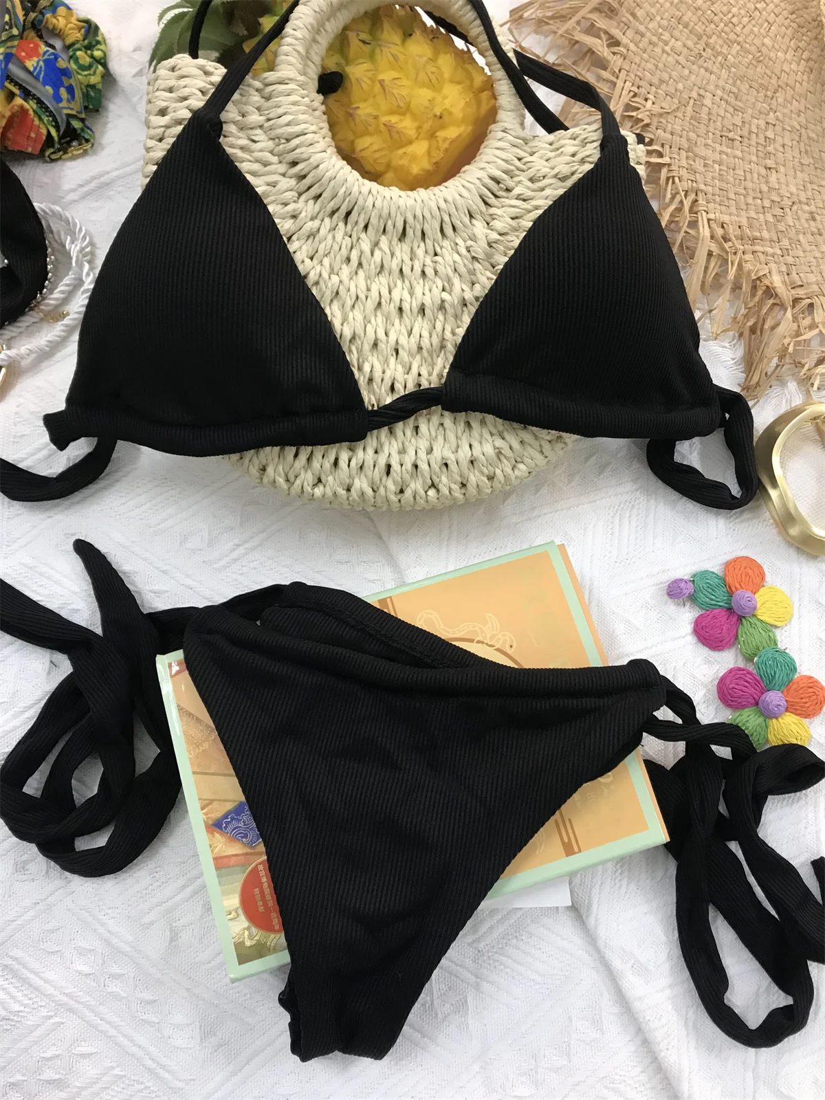 

beach wear summer black ribbed bikini 2025 women swimsuit ties bikinis for vacation inspired swimwear designer bathing suit new