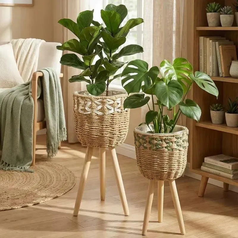 Nordic Creative Plant Stand for Living Room Straw Weaving Flower Basket for Potted Plants Rustic Floor Display Rack Home