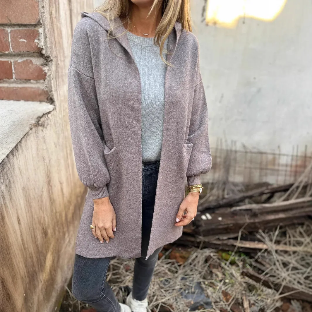 Casacos De Mulher De Inverno ミッドレングスウールコート、ポケットラペルフード付きジャケット、レディースカジュアルウール無地コート Invierno