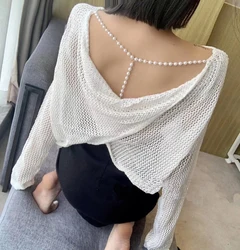 Women 2023 Summer Long Sleeve Sweater Sexy Backless Hollow Out Cross Pearl Knit Pullovers Fashion Clothing Sweet Girl