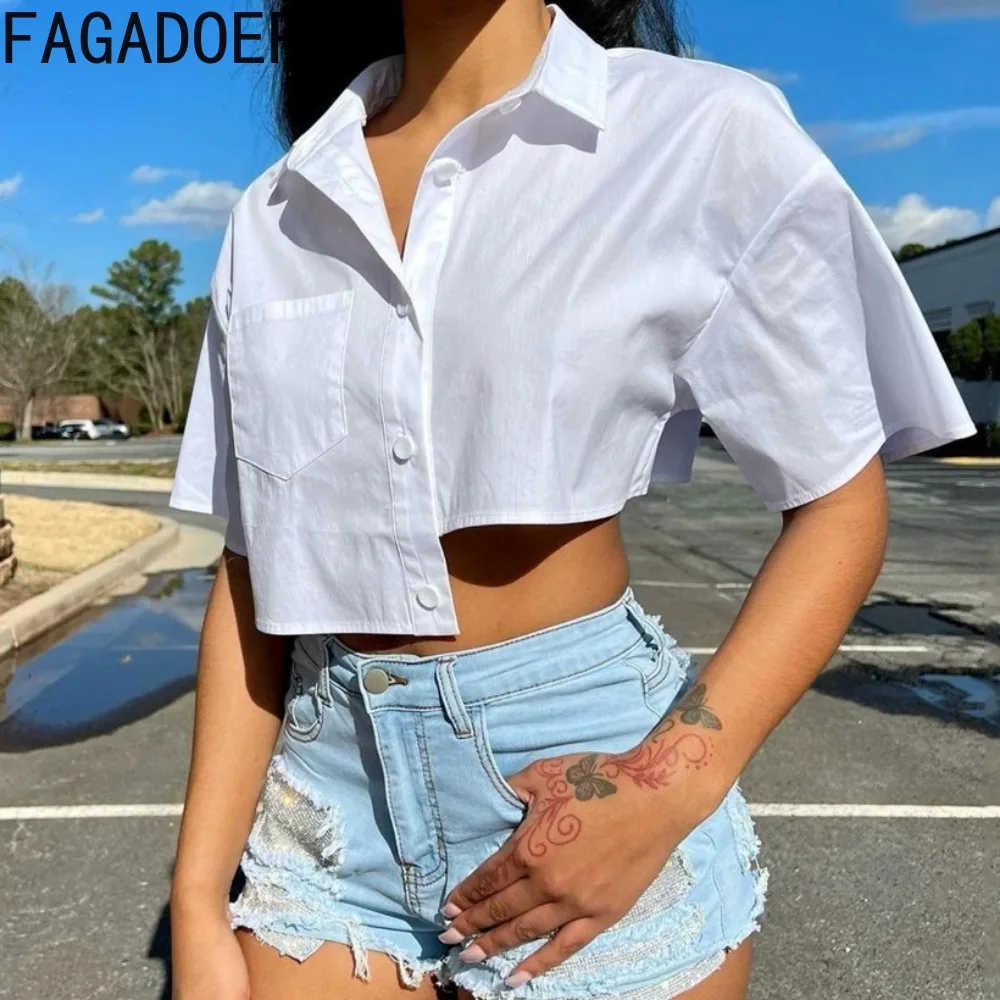 

FAGADOER White Casual Solid Irregular Shirts Women Turndown Collar Button Short Sleeve Loose Crop Tops Fashion Female Streetwear