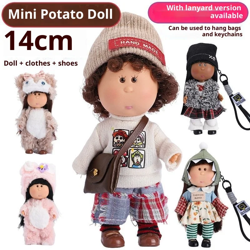 Muñeca Española Mia de 14 cm, Muñeca Desnuda de Vinilo con Articulaciones Móviles, Hecha a Mano con Ropa, Zapatos, Bolso, Llavero y Colgante para Niñas