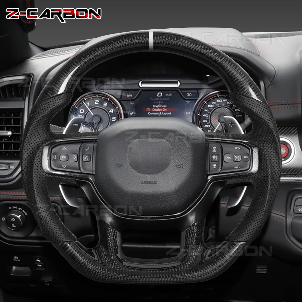 

Real Carbon Fiber Steering Wheel White Center Line For Dodge RAM TRX 1500 2500 3500 2018-2024 Perforated Leather Steering Wheel