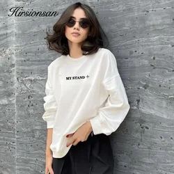 Hirsionsan White Print Sweatshirt Women Letter Graphic Full Sleeve Hoodies Ladies Streetwear Pullover Soft Warm Girls Clothes