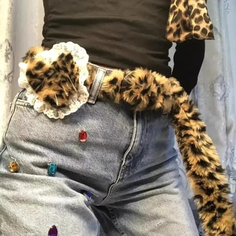 Leopard Print Fur Belts Chic Warm Hip hop Adjustable Accessorie Y2K Aesthetic 2000s Jeans Belt punk Personalized Grunge Belt