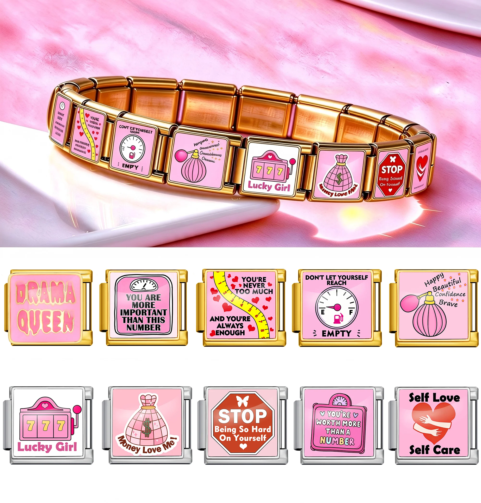 Choice Y2K Pink Color 777 Perfume Cute Girlish Bow Love Lucky  Italian Charm Fits 9mm Stainless Steel Bracelet DIY Jewelry Men