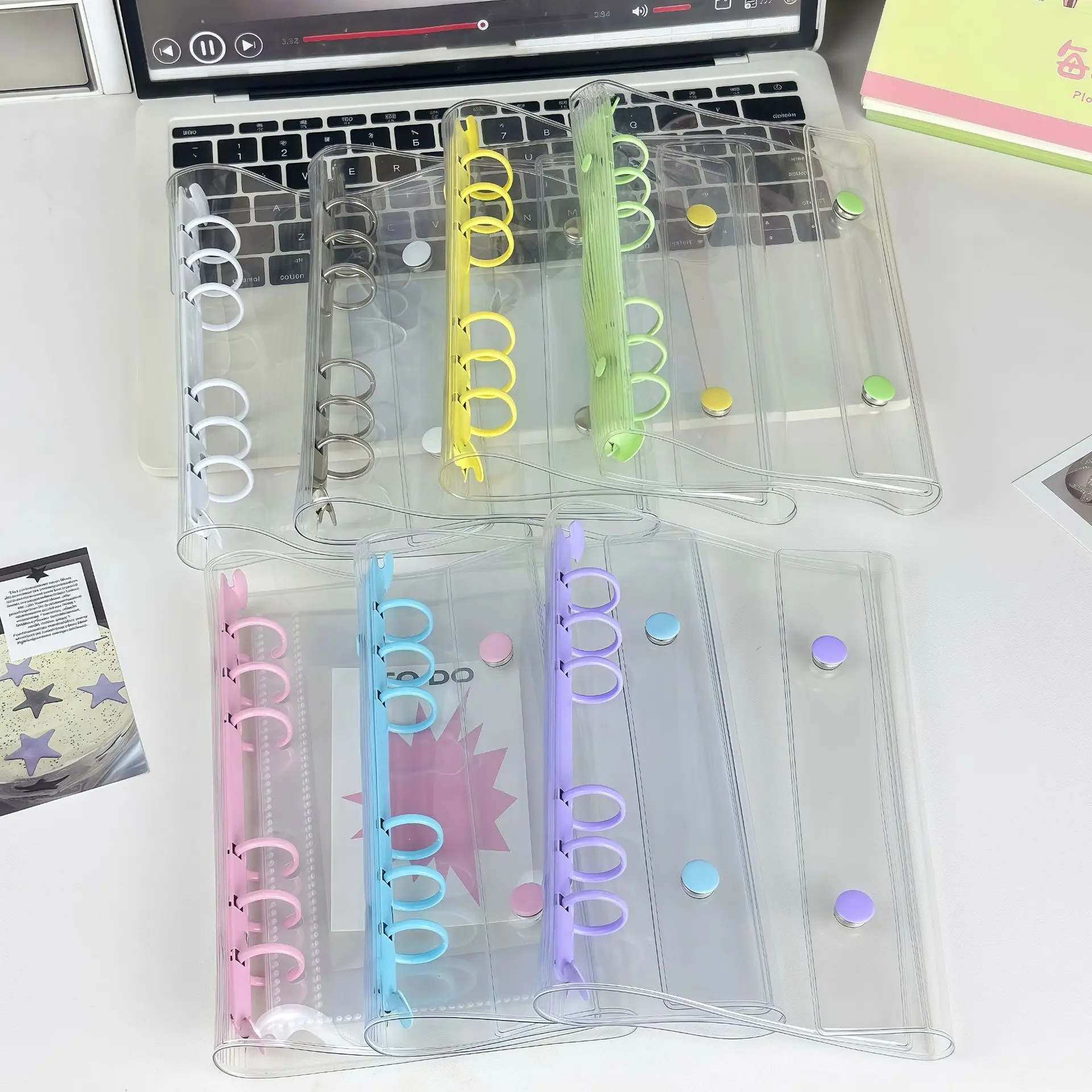 A6 Tri-Fold Kpop Binder Dpuble Button PVC Clear Cover Photo Album for Idol Photocards, 6-Ring Scrapbook Planner Storage