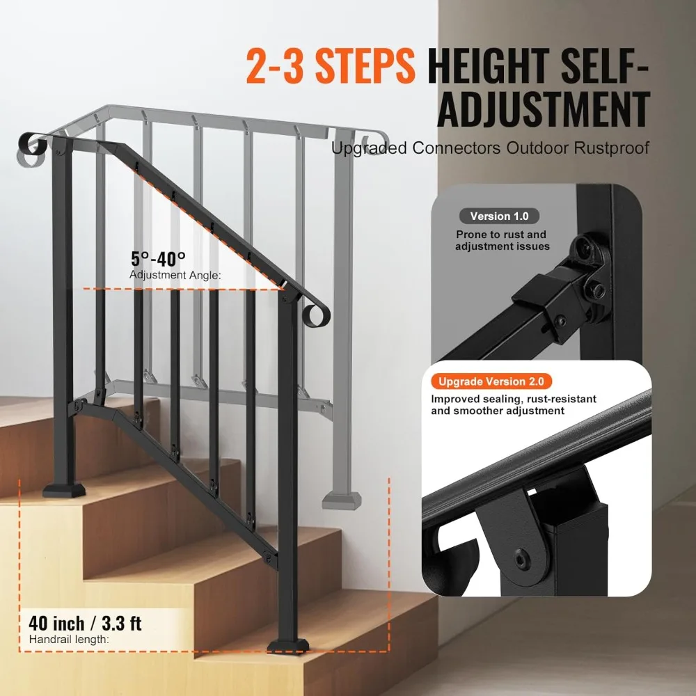Handrails for Outdoor Steps, 2-3 Step Stair Hand Rail Kit, Transitional Carbon Steel Railings with Installation Kit, Stair Rails
