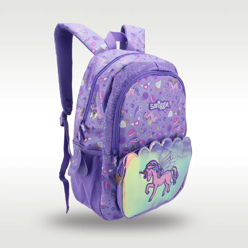 Australia smiggle children's schoolbag girls dazzling Purple unicorn shoulder backpack student supplies  16 inches