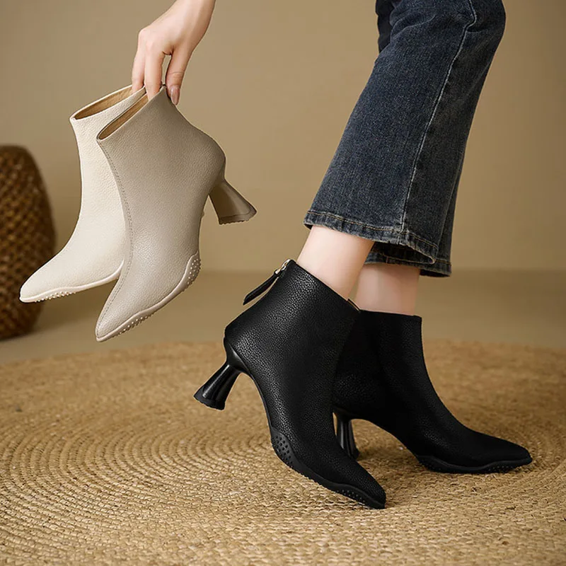 جلد طبيعي المرأة الكاحل الجوارب أشار تو الظهر زمم رقيقة عالية الكعب مكتب سيدة أحذية 2025 جديد Phoentin FT4241