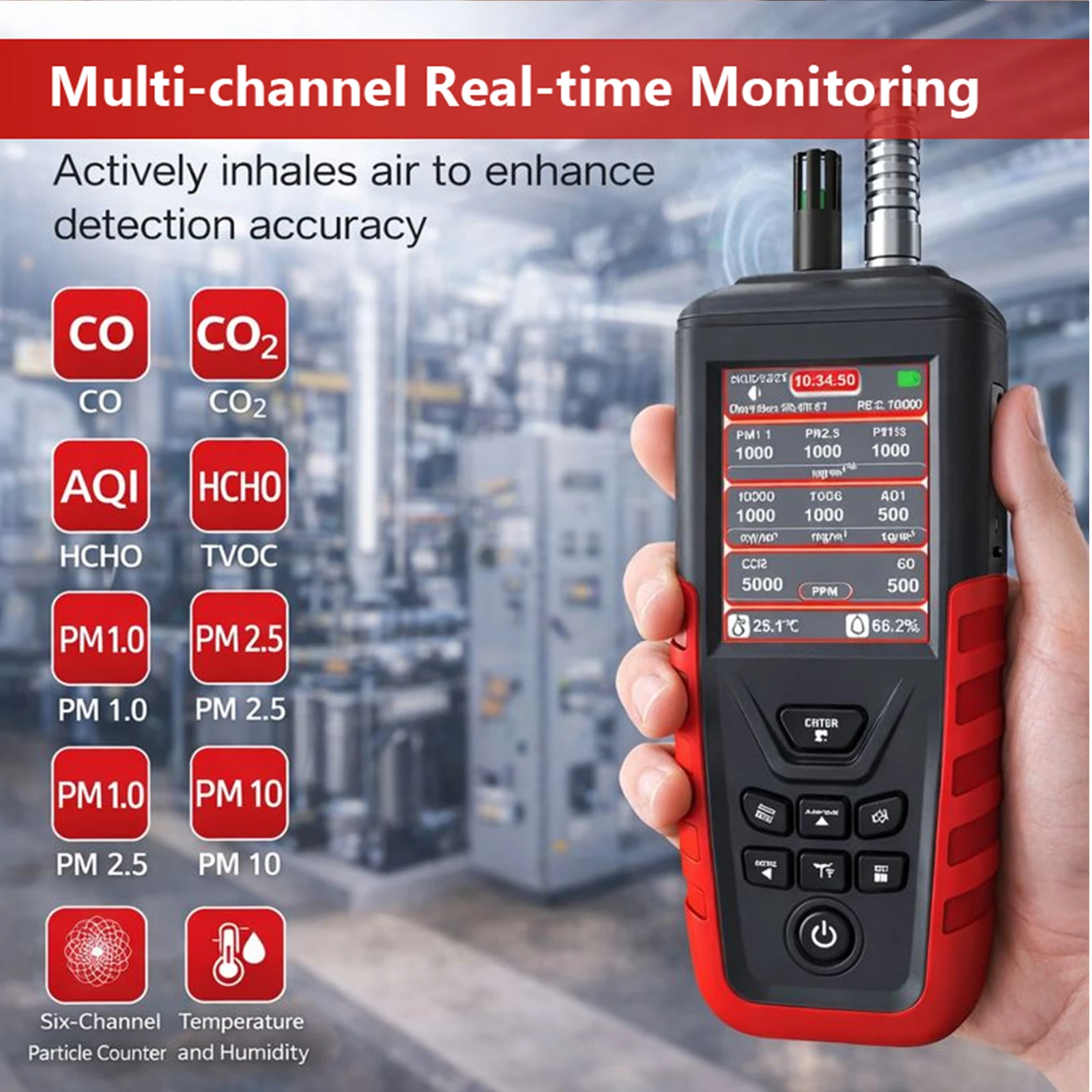 

10-in-1 Air Quality Monitor Indoor with CO2 HCHO CO TVOC PM2.5 PM10 Detection, Professional Air Quality Detector with AQI Index