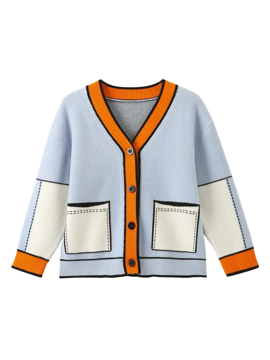 Boys\' Cardigan Coat Spring and Autumn Children\'s V-neck Knitted Sweater Children and Teens Autumn Clothing Children\'s Clothing