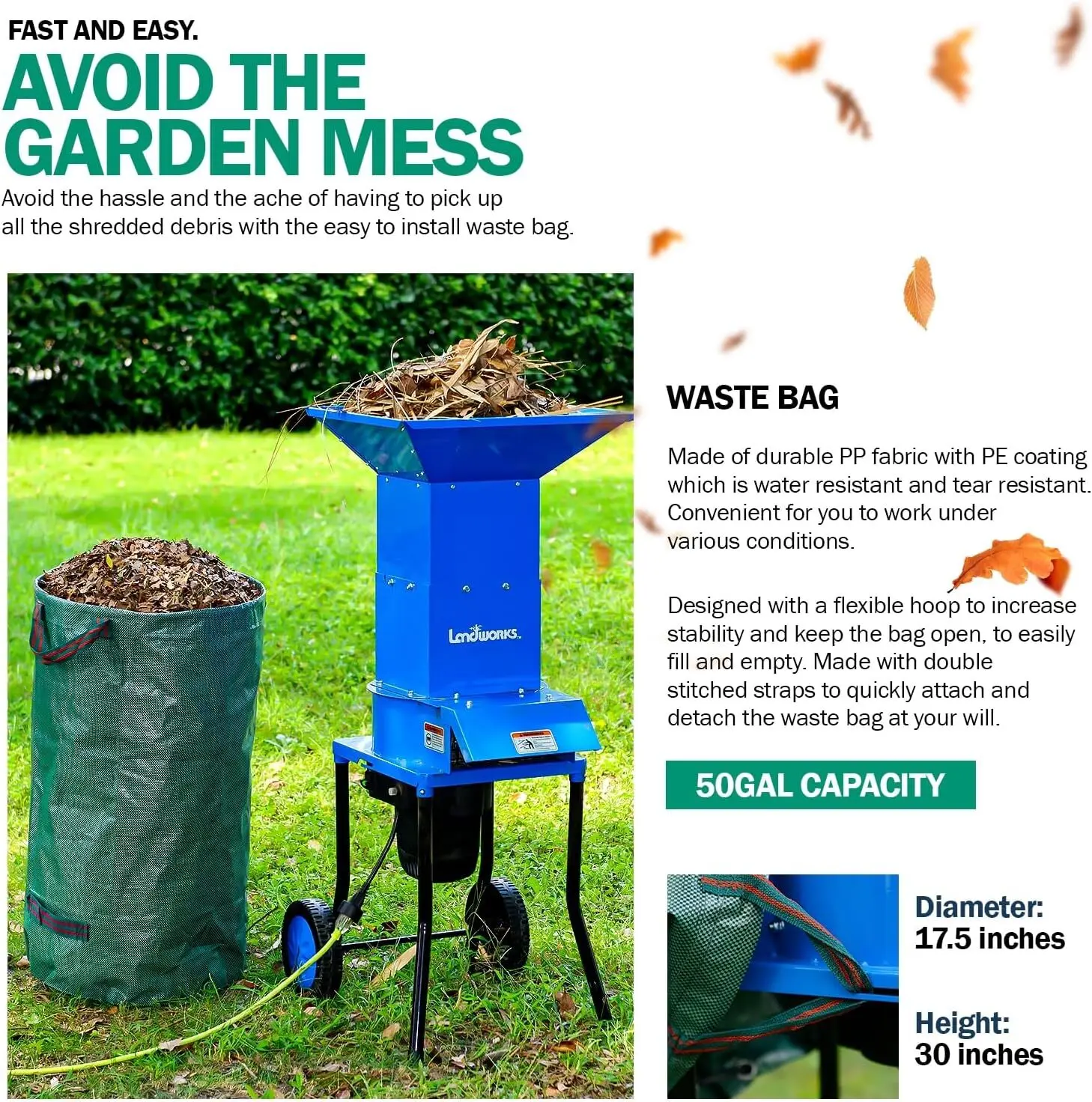 آلة تقطيع أوراق الشجر الكهربائية من Landworks - 15-AMP، 1800 وات، هيكل فولاذي، شفرات مقاس 11 بوصة 27.9 سم، 0.5 بوصة (تقريبًا. 1.3 سم)