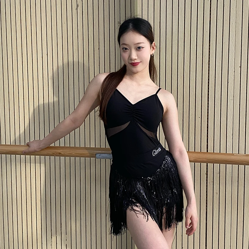 

New Latin dance performance costume sexy slimming camisole top+tassel short skirt set women tango samba rumba practice outfit