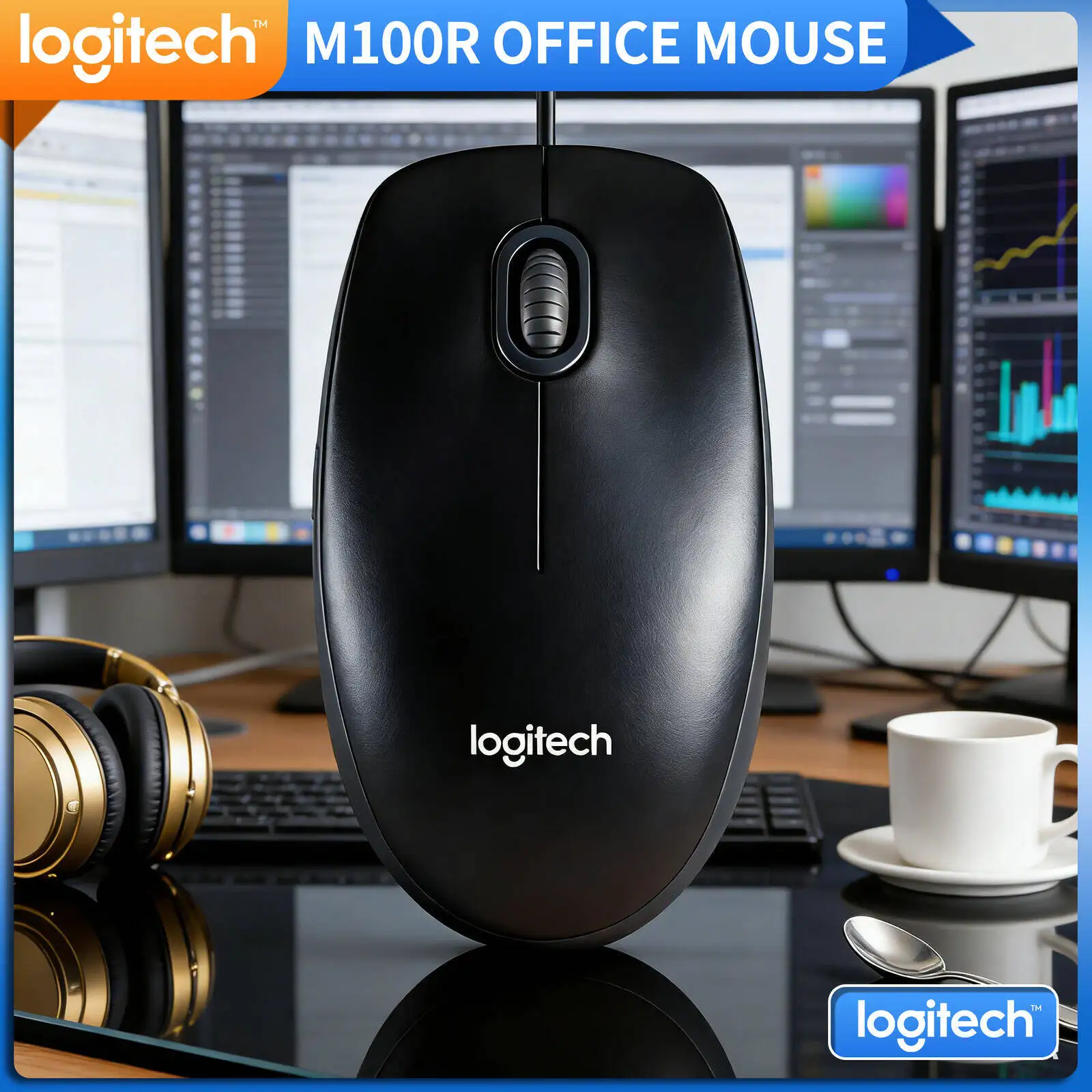 

Оптическая мышь Logitech M100R USB, проводная, 1000 DPI, высокоточная, эргономичная форма, для левшей и правшей, для офиса
