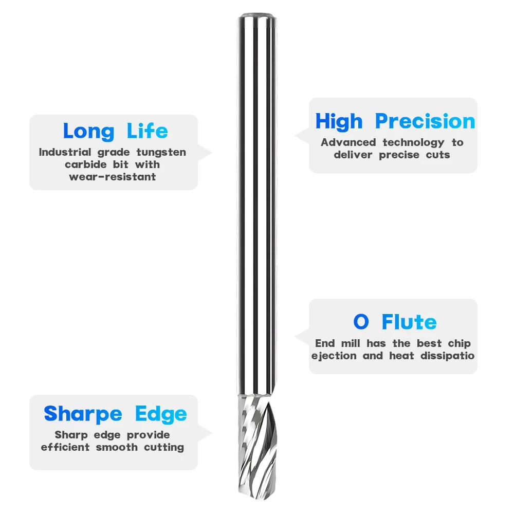 

HRC55 Solid Carbide Single Flute End Mill 3.175mm Shank CNC Router Bit 3pcs Set for Metal Engraving