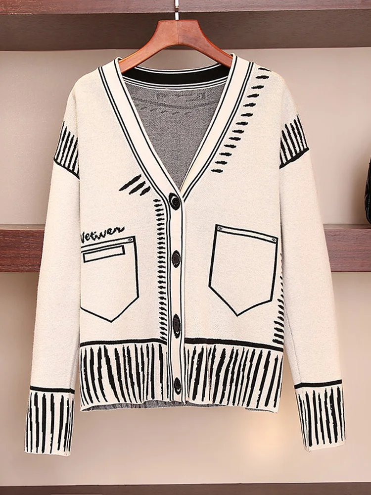 Print Graffiti Unique Cardigan Women Loose V-neck Long Sleeve Luxury Knitted Female Cardigans Coat Y2k 2023 Winter Sweater