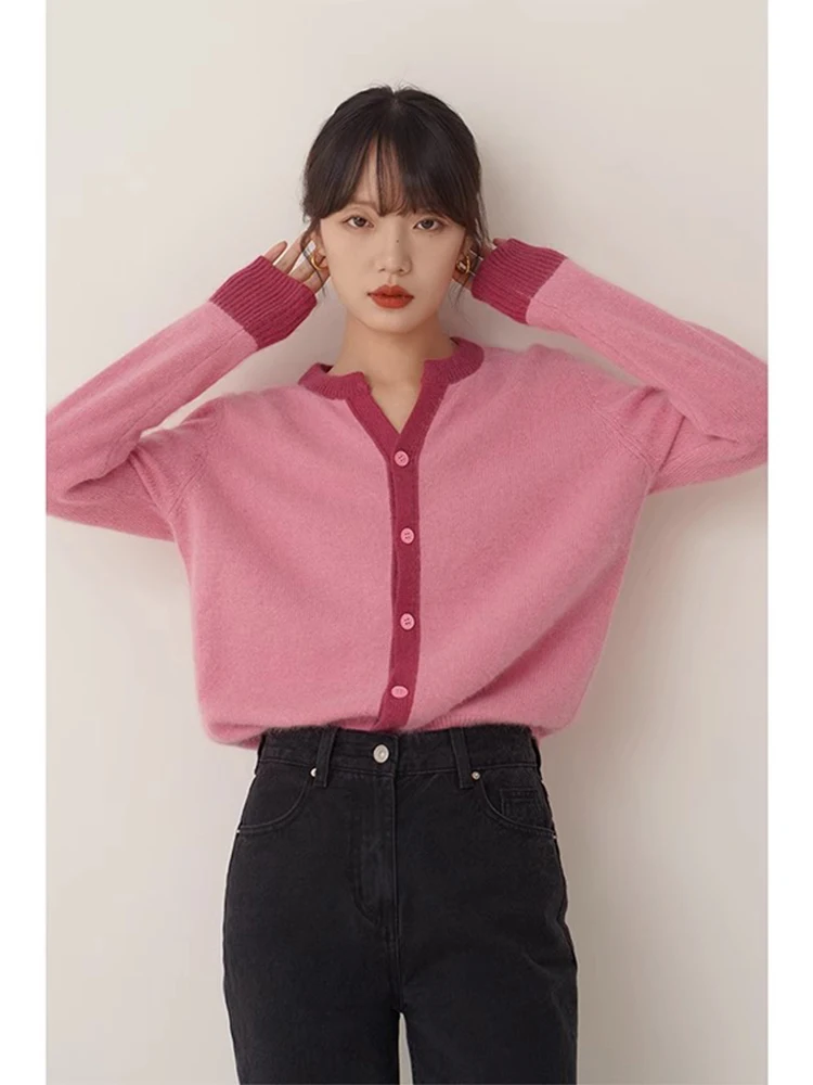 

Pink Soft Sweater Cardigan Women's Spring Autumn Outerwear Lazy V-neck Top Layered Inner Wear Knitted Outerwear Winter