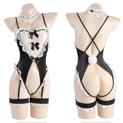 Sexy Lace Maid Bodysuit Uniform Cosplay Costume Women Underwear Hollow Bunny Girl Plush Tail Role Play Lingerie Anime Lolita