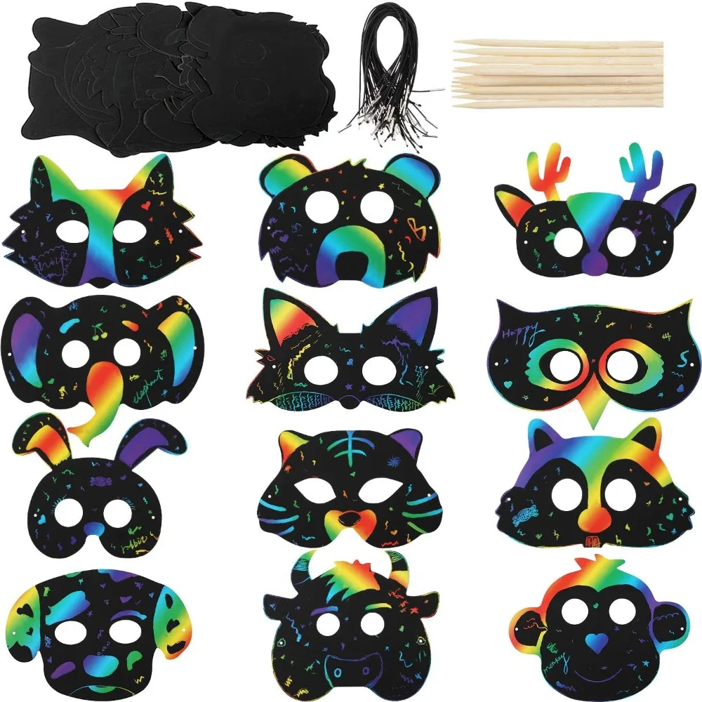

36 paper-scraping animal masks, rainbow masks with elastic ropes and 12 wooden pen costume party decorations