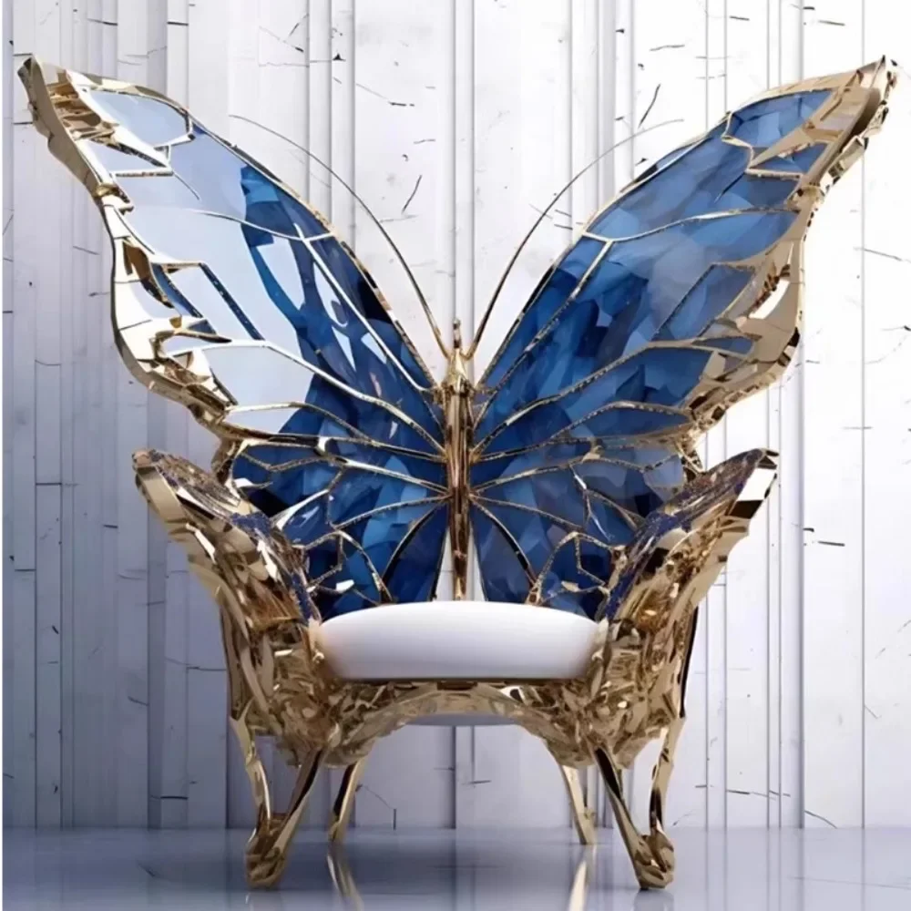 Italian style light luxury pure copper butterfly chair with irregular stainless steel agate inlaid high-end leisure ornament