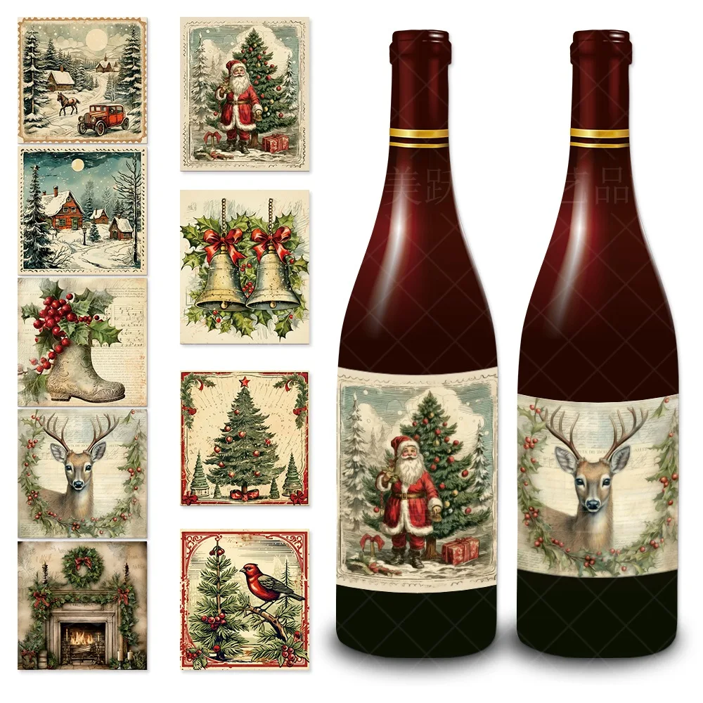 

2025 New Year Party Decoration Retro Santa Claus Deer Wine Bottle Stickers Merry Christmas Decor For Home Bar Bottle Sticker